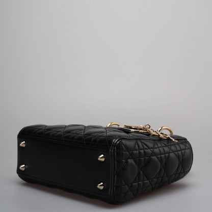 Christian Dior Black Small Lady Dior Bag in Cannage Lambskin Leather with Gold Hardware