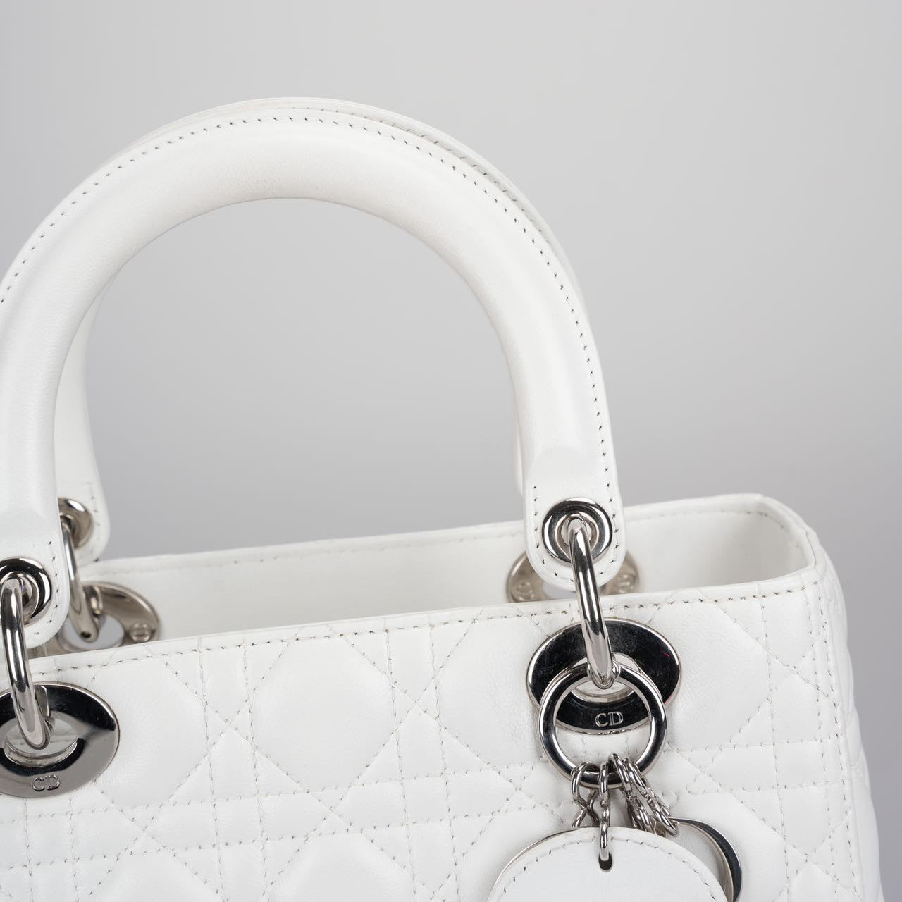 Christian Dior White Medium Lady Dior Bag in Cannage Lambskin Leather with Silver Hardware