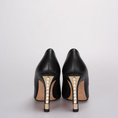 Chanel Lambskin Grosgrain Cap Toe Pumps with Pearl Embellished Heel Black