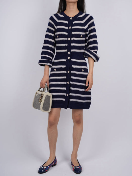 CHANEL cashmere Striped Dress in Navy Blue and White FR 34