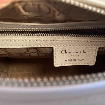 Christian Dior White Medium Lady Dior Bag in Cannage Lambskin Leather with Silver Hardware