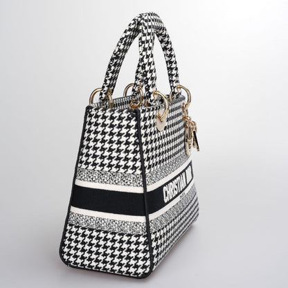 Christian Dior Black White Houndstooth Canvas Medium Lady D-Lite bag