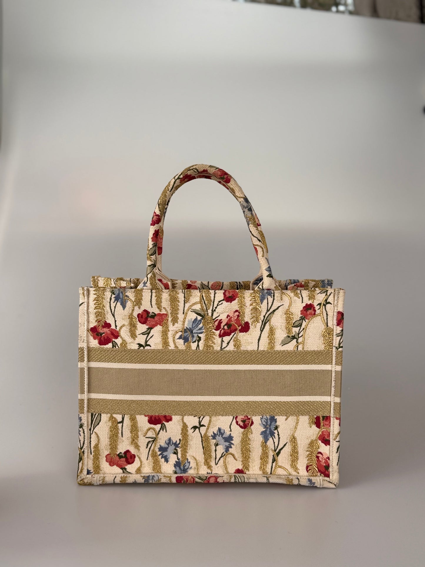 CHRISTIAN DIOR Beige Floral Embroidered Canvas Book Tote Medium