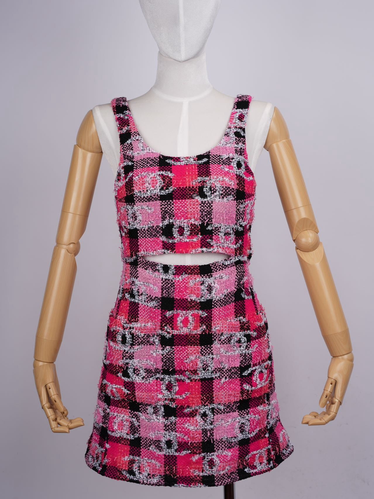 Chanel Coco Beach Mini Dress Tweed Pink Black Size 38