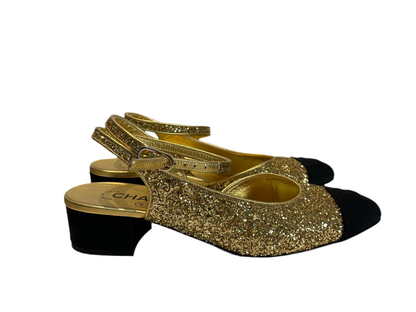 Chanel GoldBlack Coarse Glitter and Fabric CC Cap Toe Slingback Pumps Size EU37.5