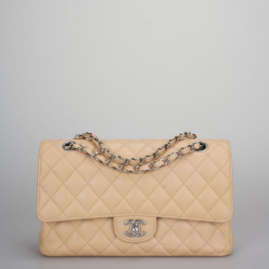 Chanel Beige Quilted Caviar Leather timeless Double Flap Bag medium