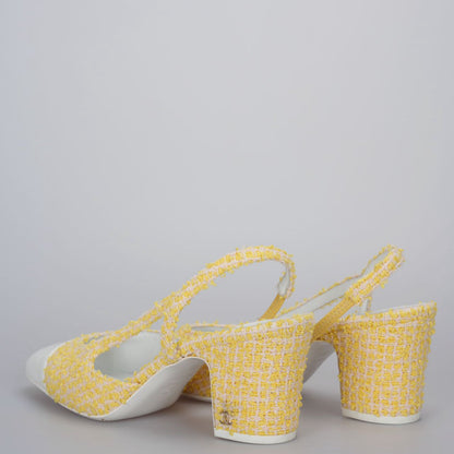 Chanel tweed slingback 39 light yellow pumps with CC logo