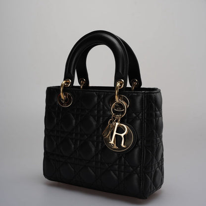 Christian Dior Black Small Lady Dior Bag in Cannage Lambskin Leather with Gold Hardware