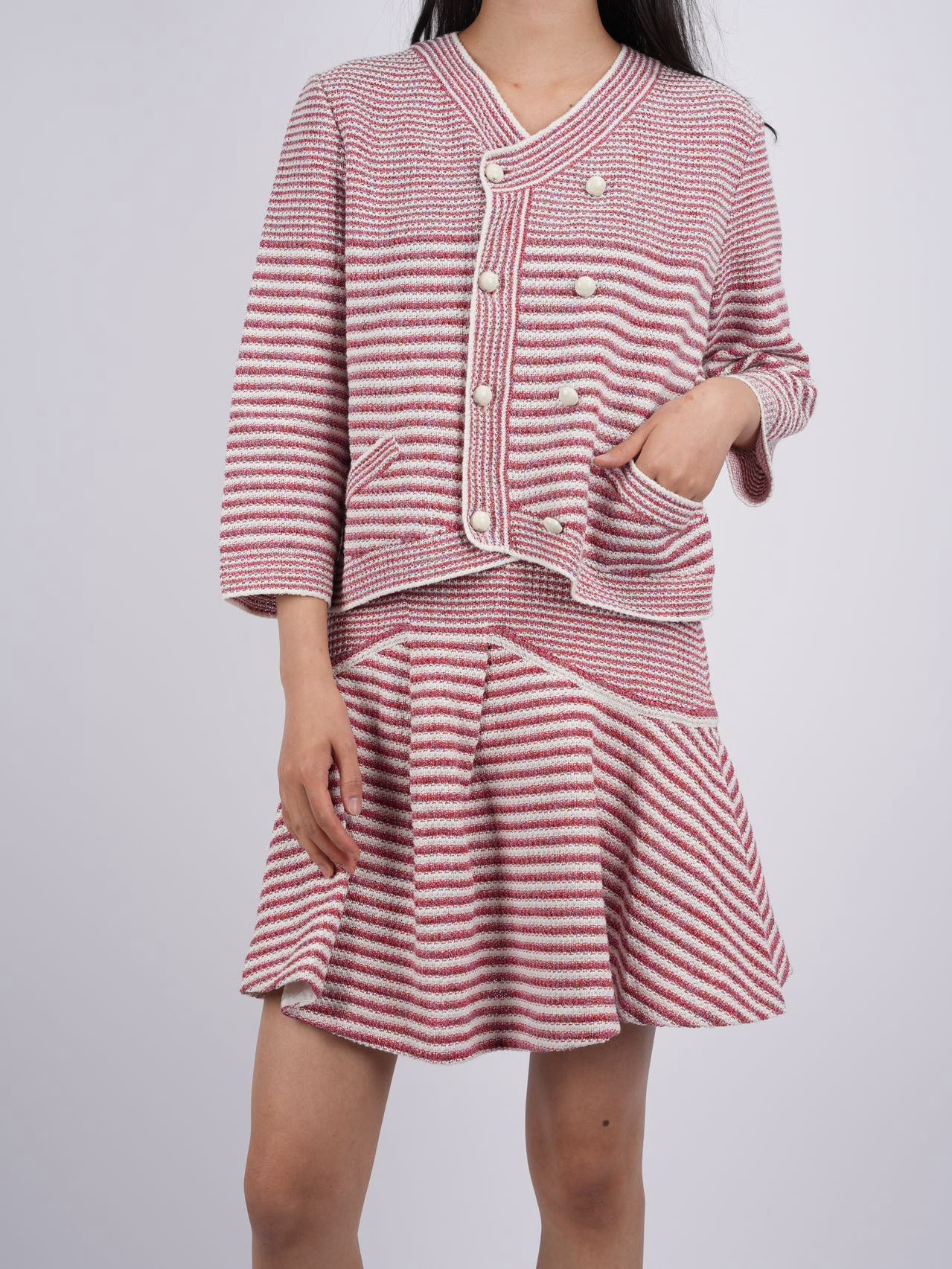 Chanel Pink White Striped Knit Jacket and Mini Skirt Suit