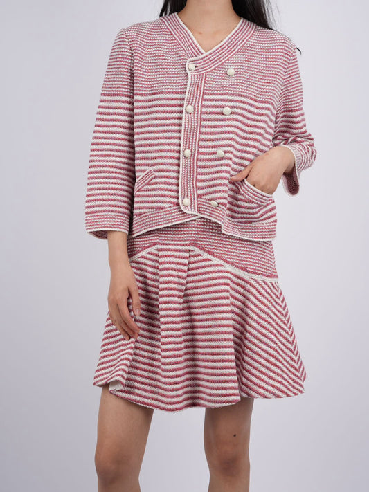 Chanel Pink White Striped Knit Jacket and Mini Skirt Suit