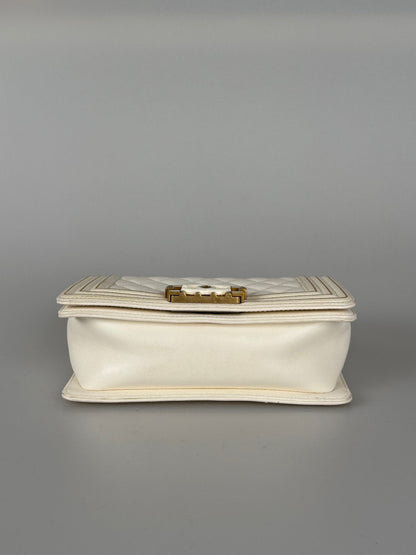 Chanel White Lambskin Boy Bag with Gold Hardware