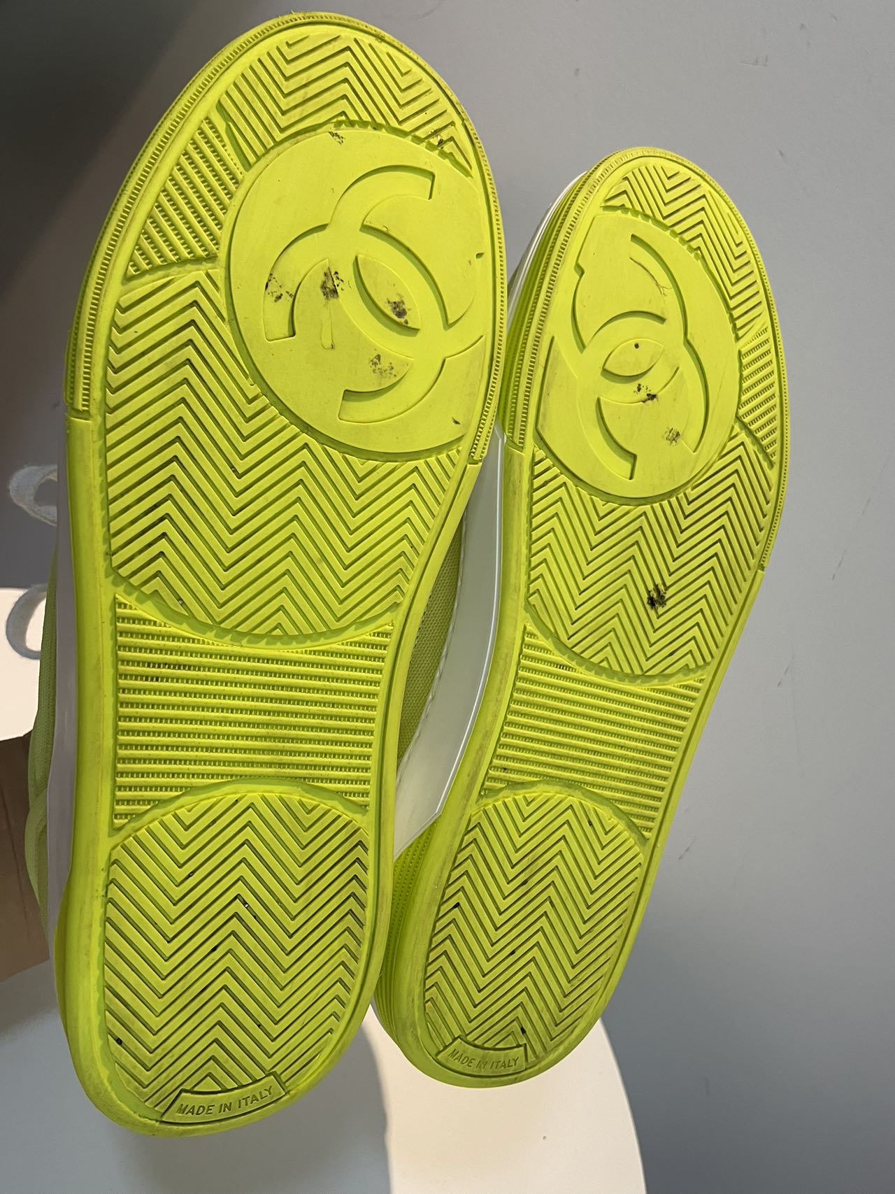 Chanel Fabric Sneakers In Lime yellow color with CC LOGO