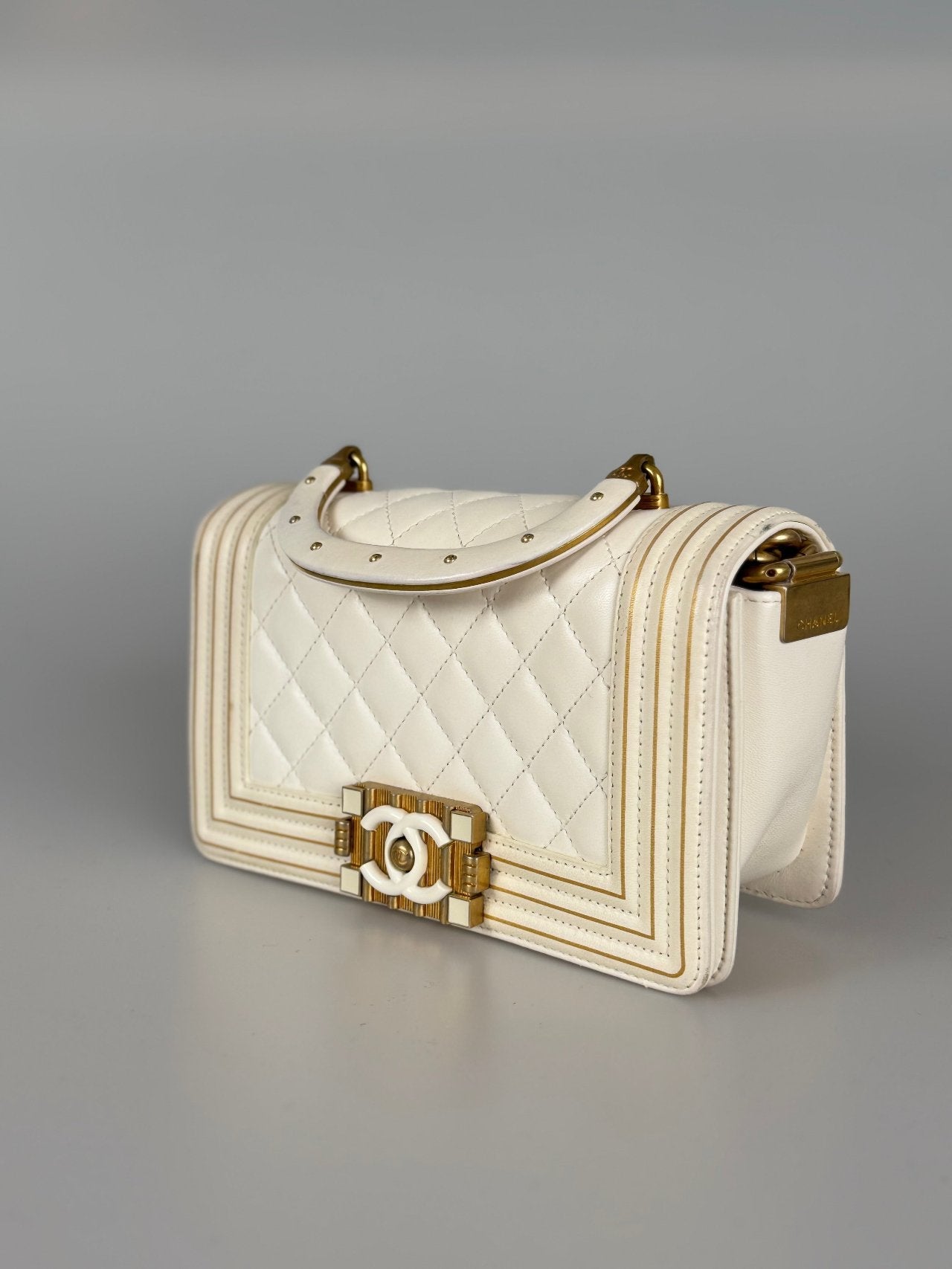 Chanel White Lambskin Boy Bag with Gold Hardware