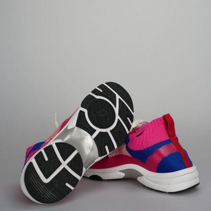 Chanel Fabric Suede Calfskin Stretch CC Sneakers Pink, Red and Blue Size 39