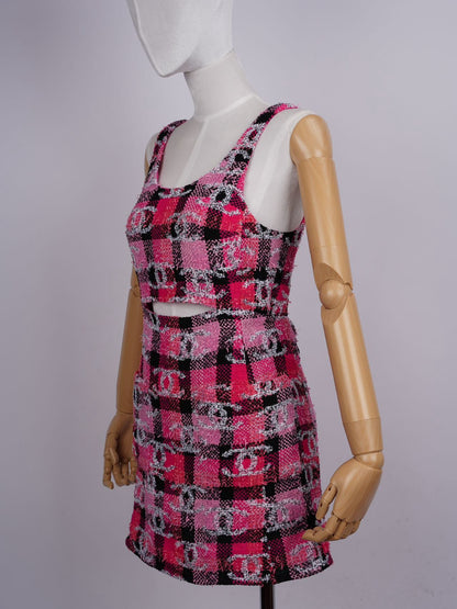 Chanel Coco Beach Mini Dress Tweed Pink Black Size 38