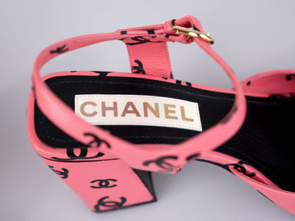 Chanel Printed Lambskin Coco Beach Sandals Pink Black Size 38.5