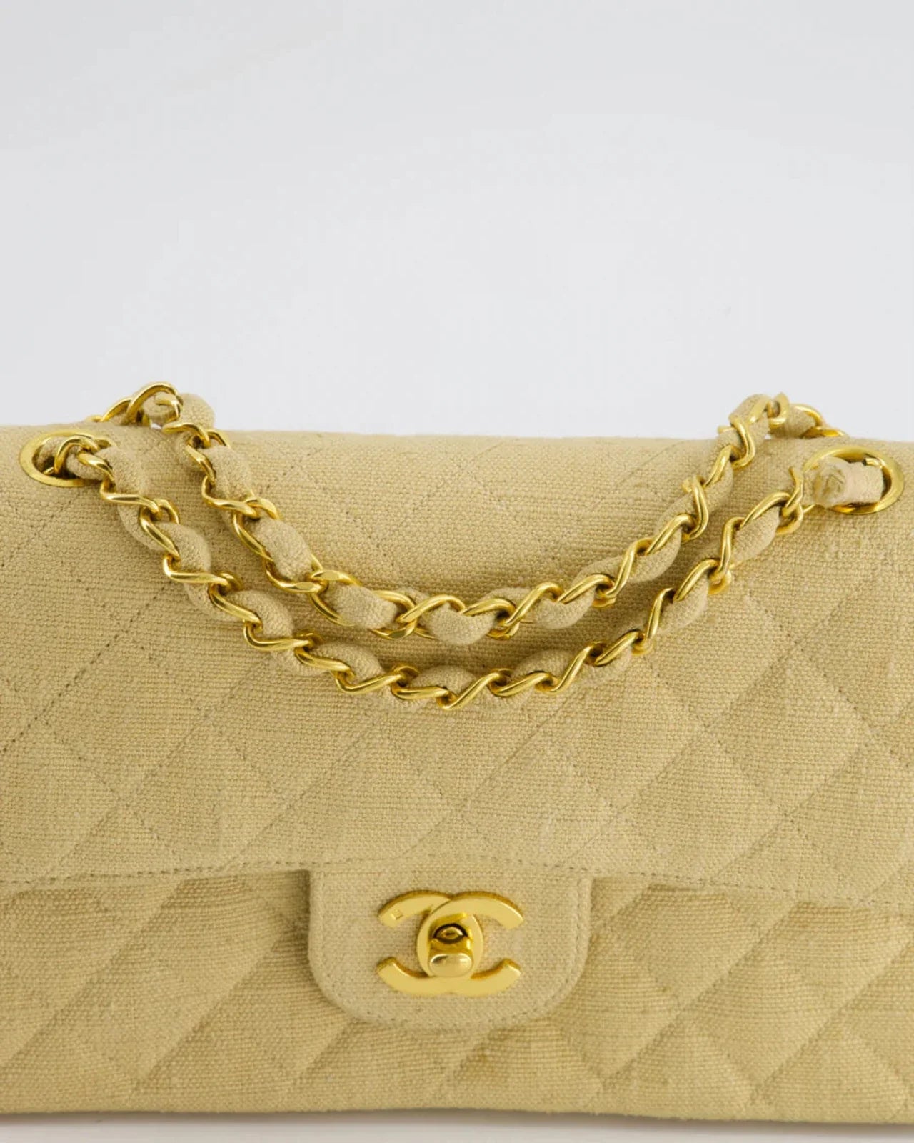 Chanel Vintage Beige Small Fabric Double Flap Bag with 24K Gold Hardware