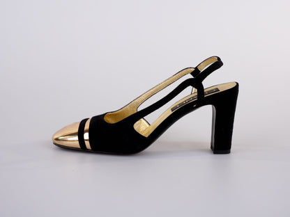 Chanel CC Slingback Heels Black Gold Size 38C