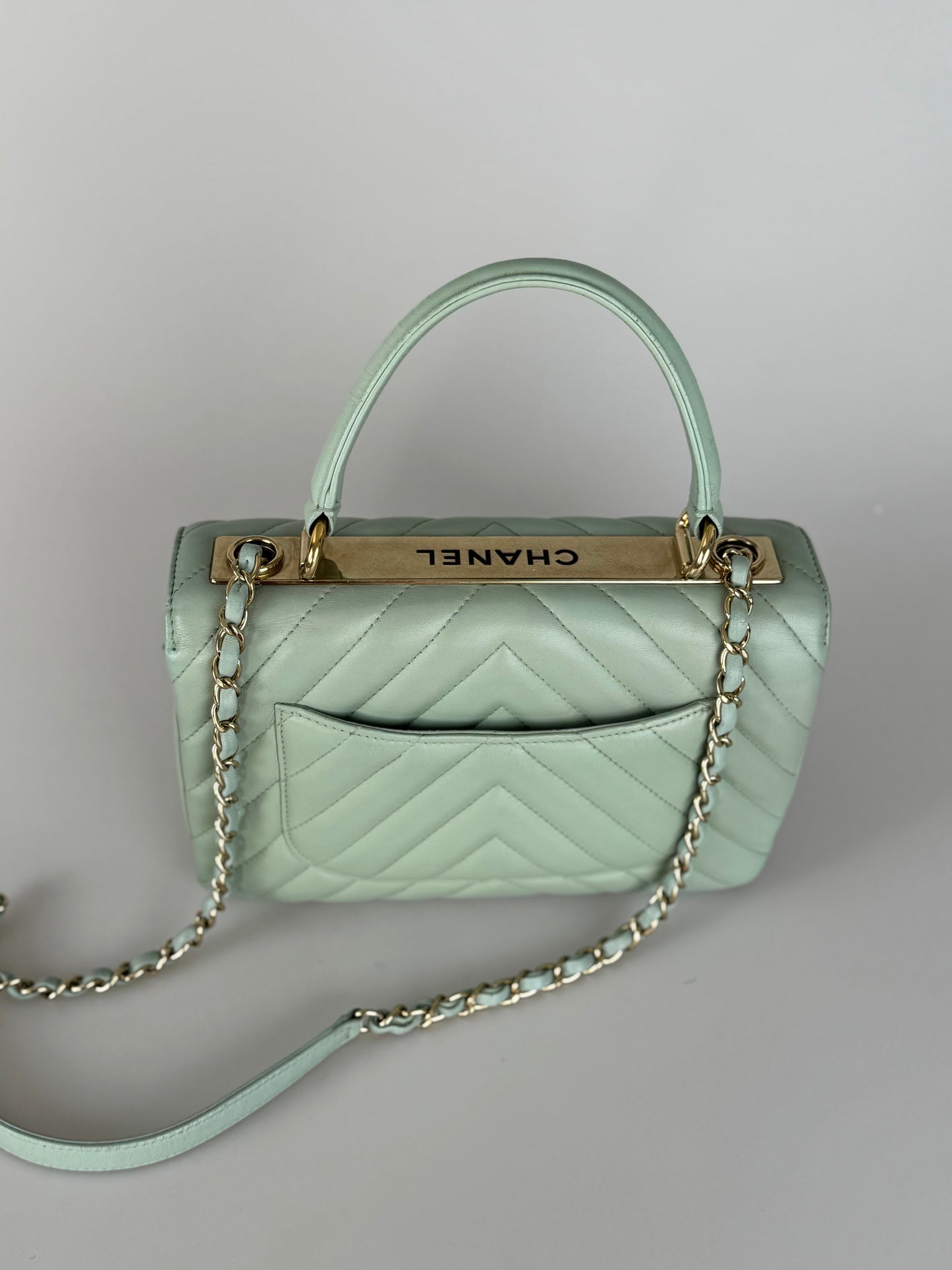 CHANEL Lambskin Chevron Quilted Small Trendy CC Dual Handle Flap Bag Light Green