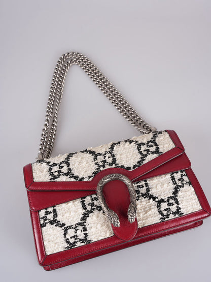 Gucci Tweed Monogram Small Dionysus Shoulder Bag in White/Black/Romantic Cherry