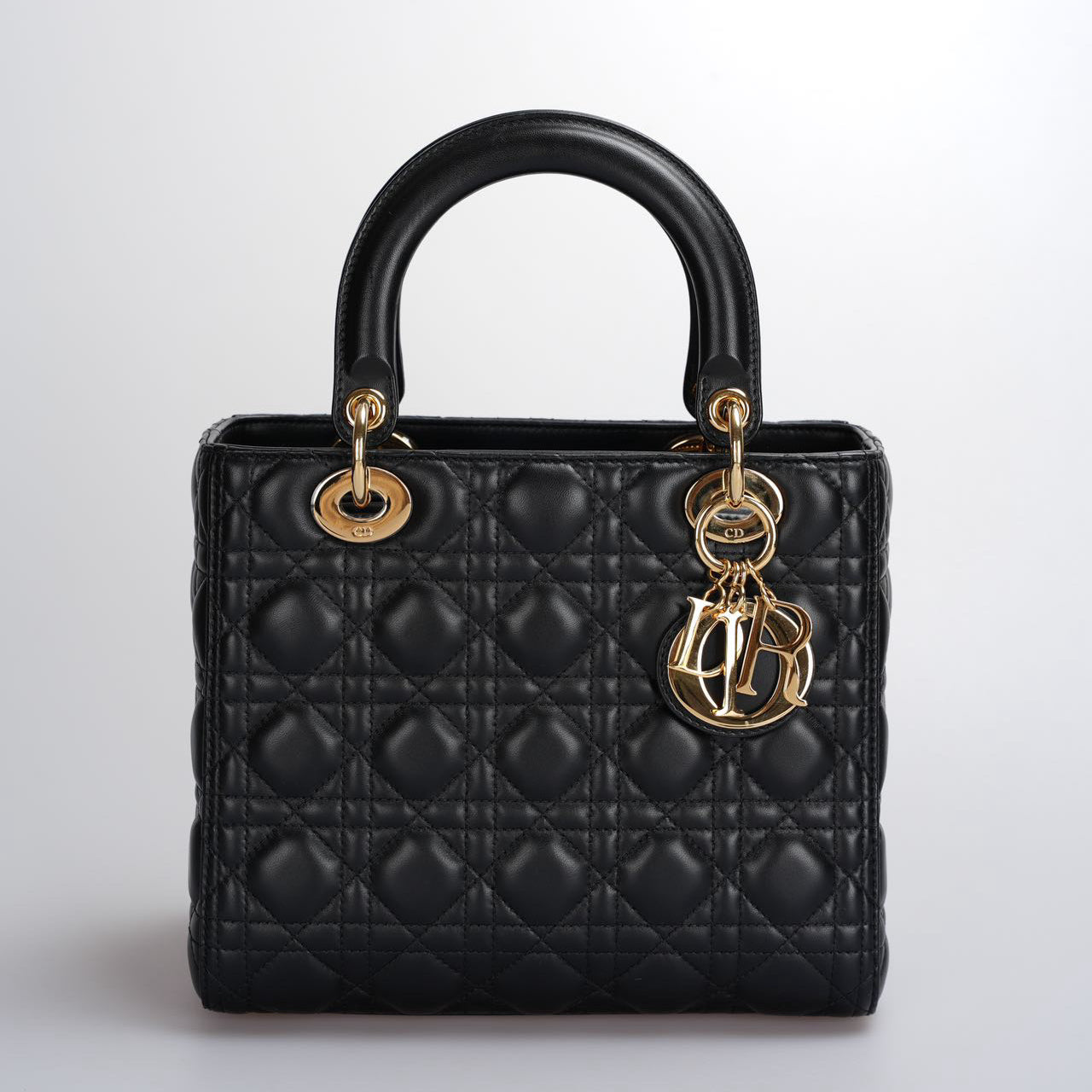 Christian Dior Black Medium Lady Dior Bag in Cannage Lambskin Leather with Gold Hardware