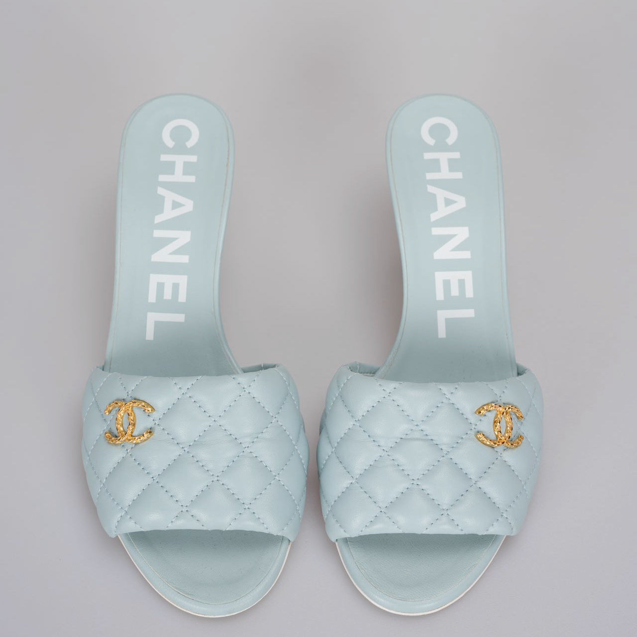 CHANEL Tiffany Blue Lambskin Quilted Textured CC Mules 38.5