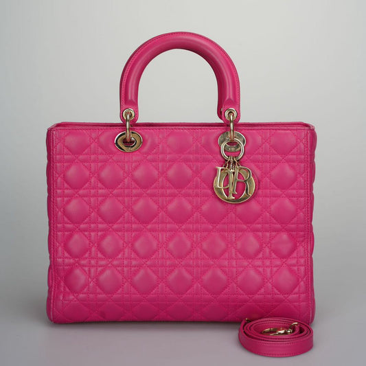 Christian Dior Pink Large Lambskin Cannage Lady Dior with Gold Hardware