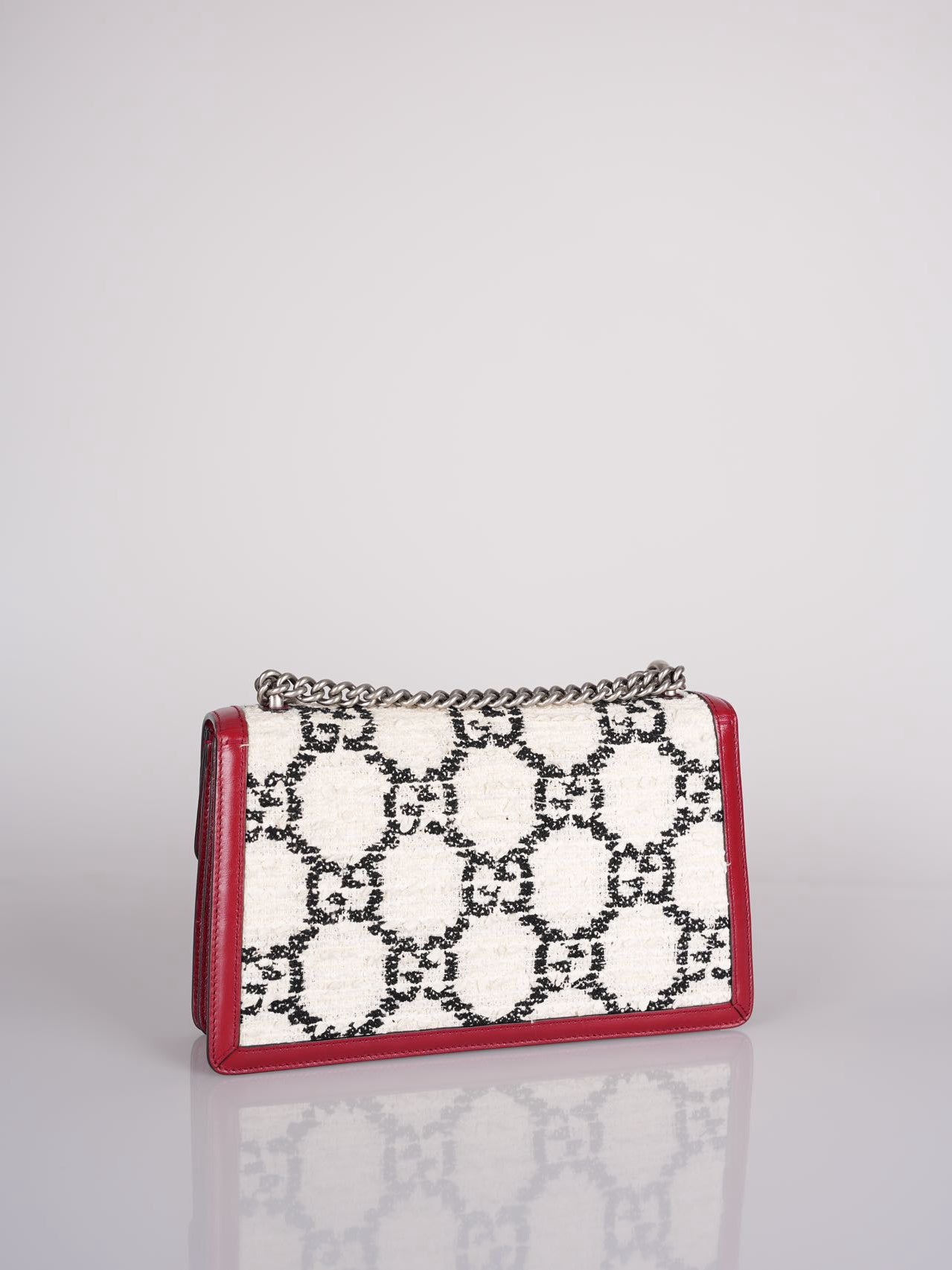 Gucci Tweed Monogram Small Dionysus Shoulder Bag in White/Black/Romantic Cherry