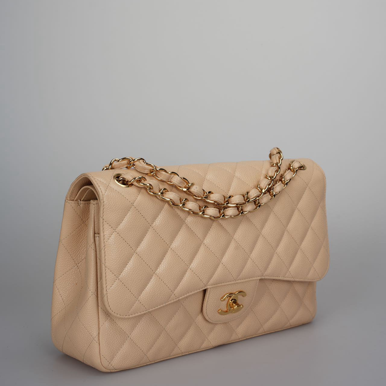 Chanel Beige Jumbo timeless Flap Bag Caviar Leather with Gold Hardware