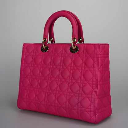 Christian Dior Pink Large Lambskin Cannage Lady Dior with Gold Hardware