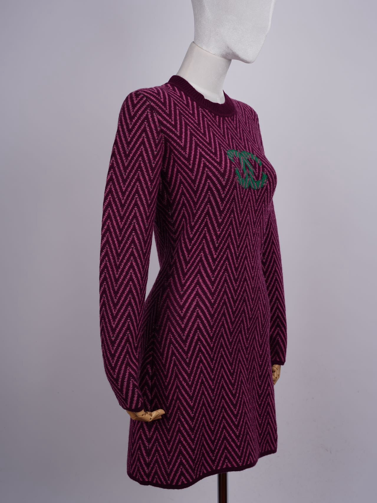 Chanel Burgundy and Green Chevron CC Cashmere Knit Dress Size 36