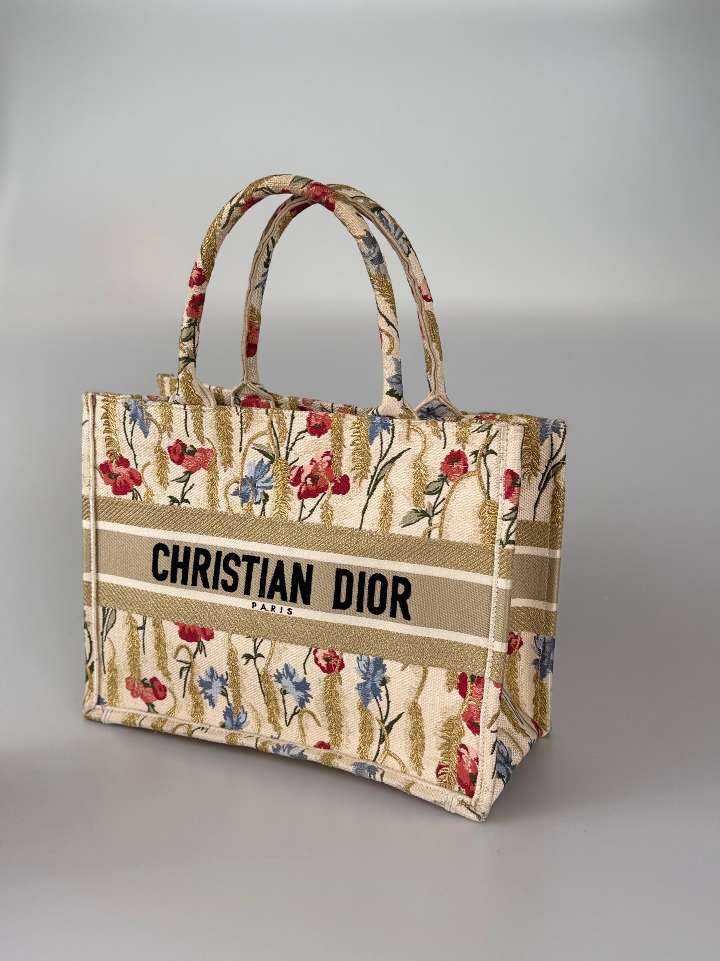 CHRISTIAN DIOR Beige Floral Embroidered Canvas Book Tote Medium