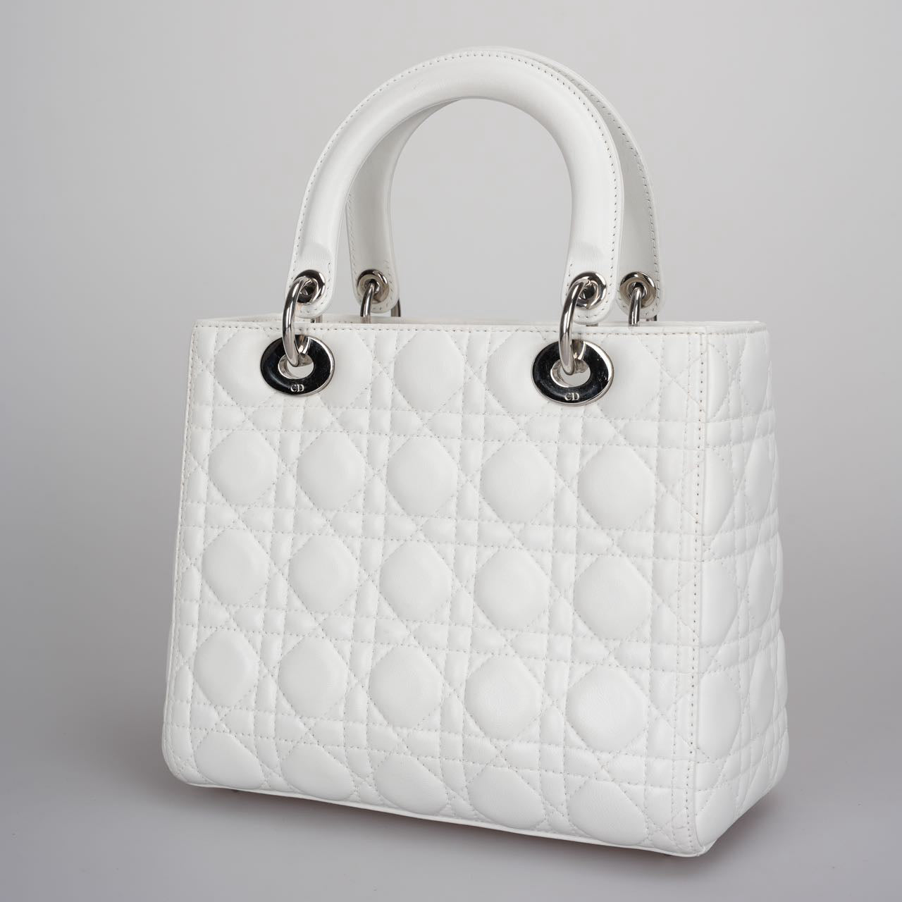 Christian Dior White Medium Lady Dior Bag in Cannage Lambskin Leather with Silver Hardware