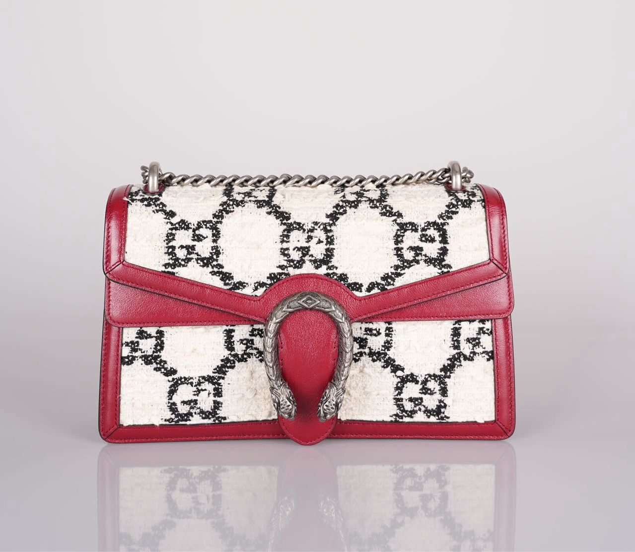 Gucci Tweed Monogram Small Dionysus Shoulder Bag in White/Black/Romantic Cherry