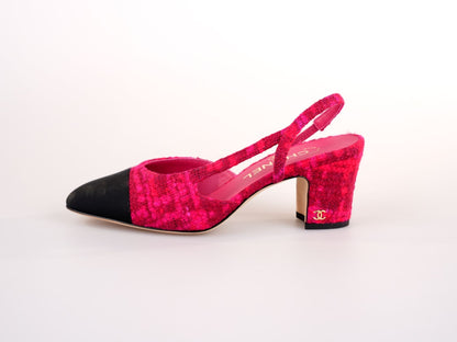 Chanel Pink/Black Tweed and Canvas CC Slingback Pumps Size 36.5C