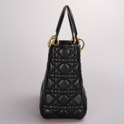 Christian Dior Black Medium Lady Dior Bag in Cannage Lambskin Leather with Gold Hardware