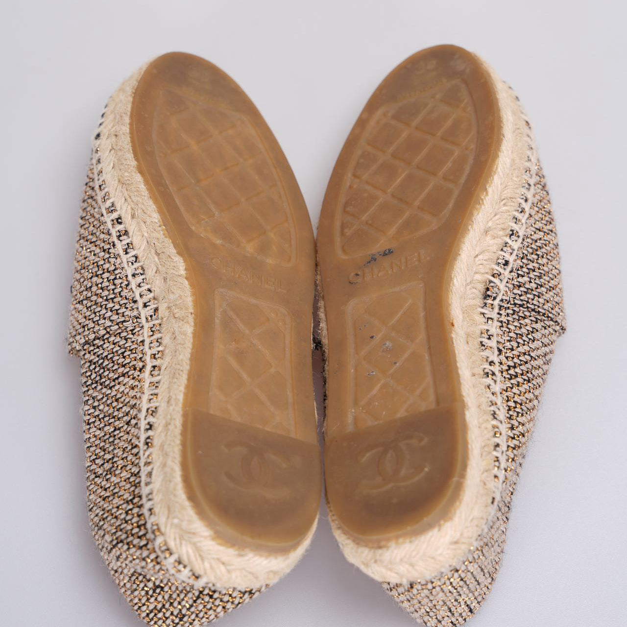 Chanel Tweed Grosgrain CC Espadrilles in Gold Beige Black