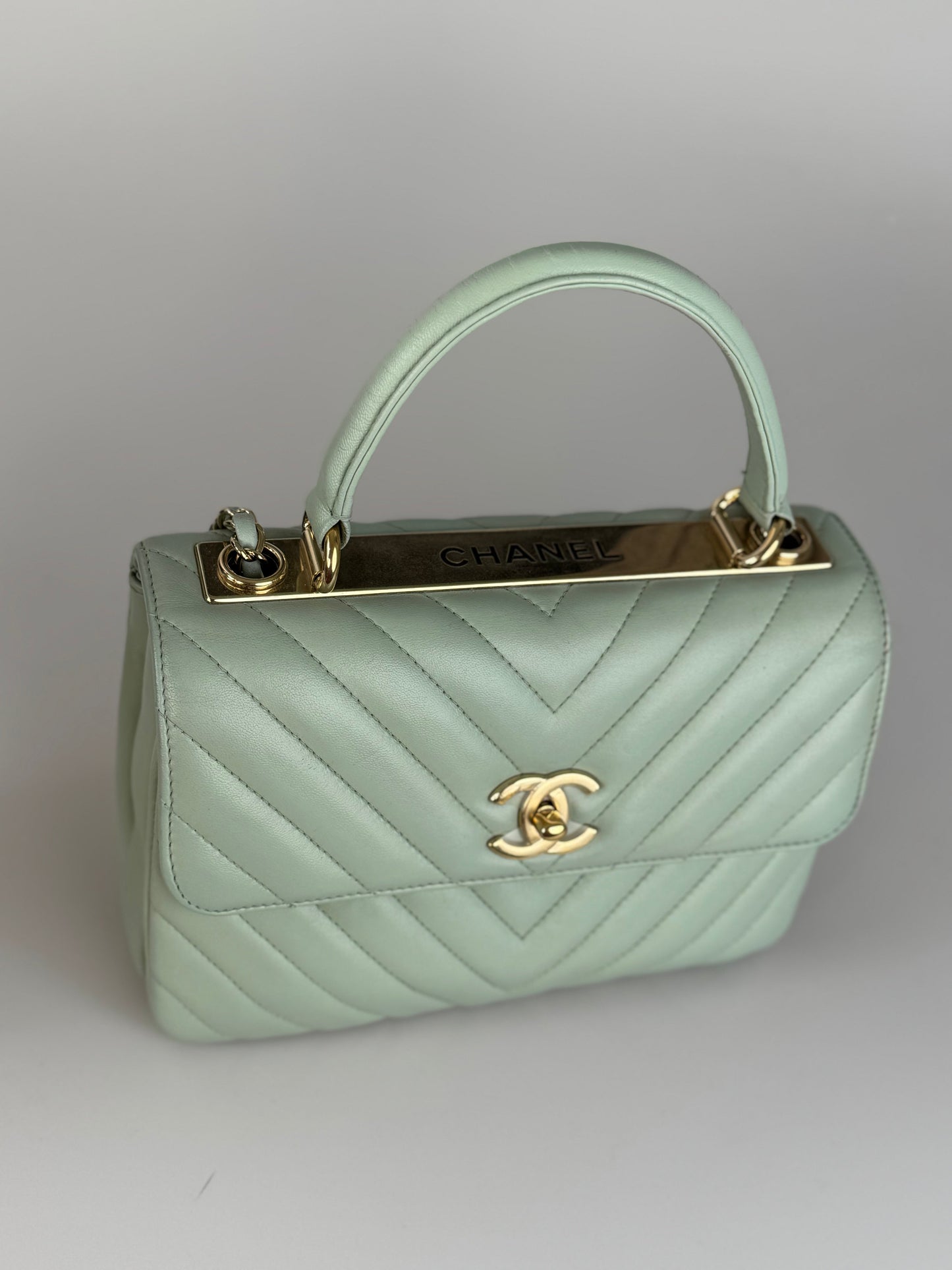 CHANEL Lambskin Chevron Quilted Small Trendy CC Dual Handle Flap Bag Light Green