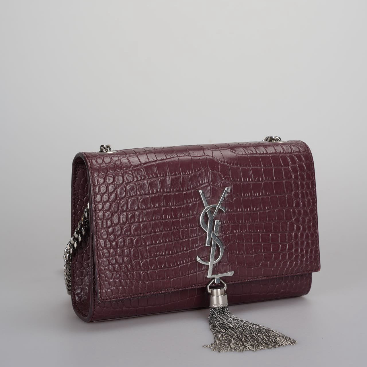 Saint Laurent Small Classic Monogram Kate Tassel Satchel Calfskin Crocodile Embossed Burgundy