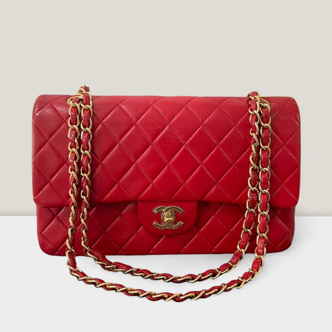 Chanel Red Vintage Classic Double Flap Bag Medium in Lambskin Leather 24K Gold Hardware