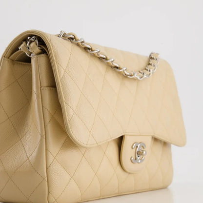 Chanel timeless Flap Bag Beige Jumbo size Caviar Leather with Silver Hardware