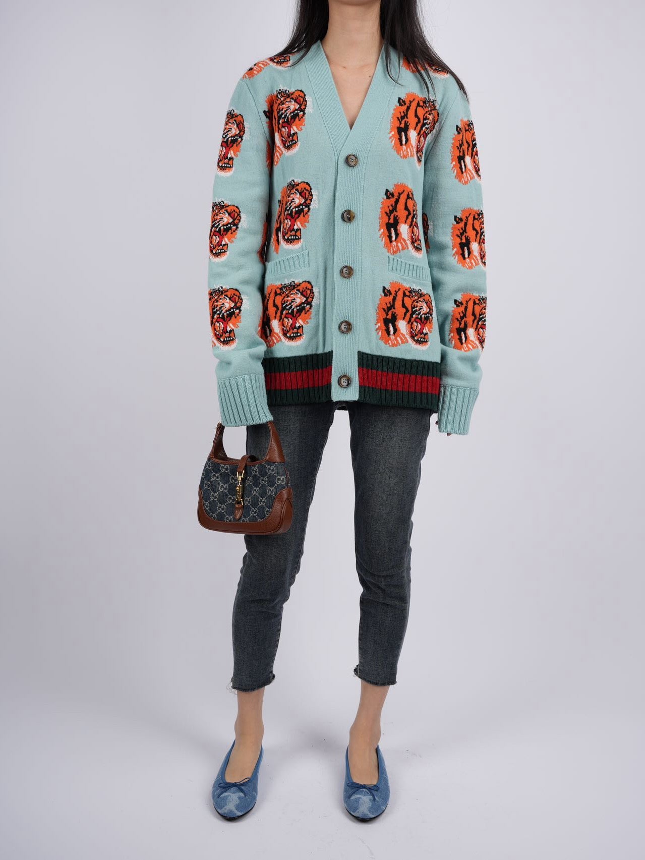 Gucci Tiger Jacquard Wool Cardigan light Blue