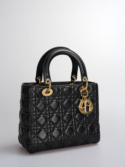 Christian Dior Black Medium Lady Dior Bag in Cannage Lambskin Leather with Gold Hardware