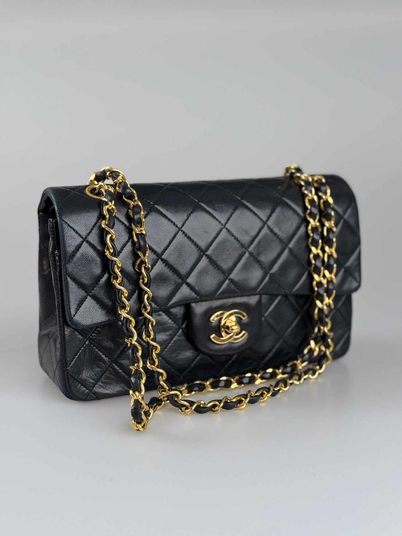 Chanel vintage timeless flap bag small black golden