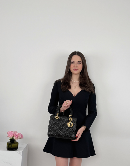 Christian Dior Black Medium Lady Dior Bag in Cannage Lambskin Leather with Gold Hardware