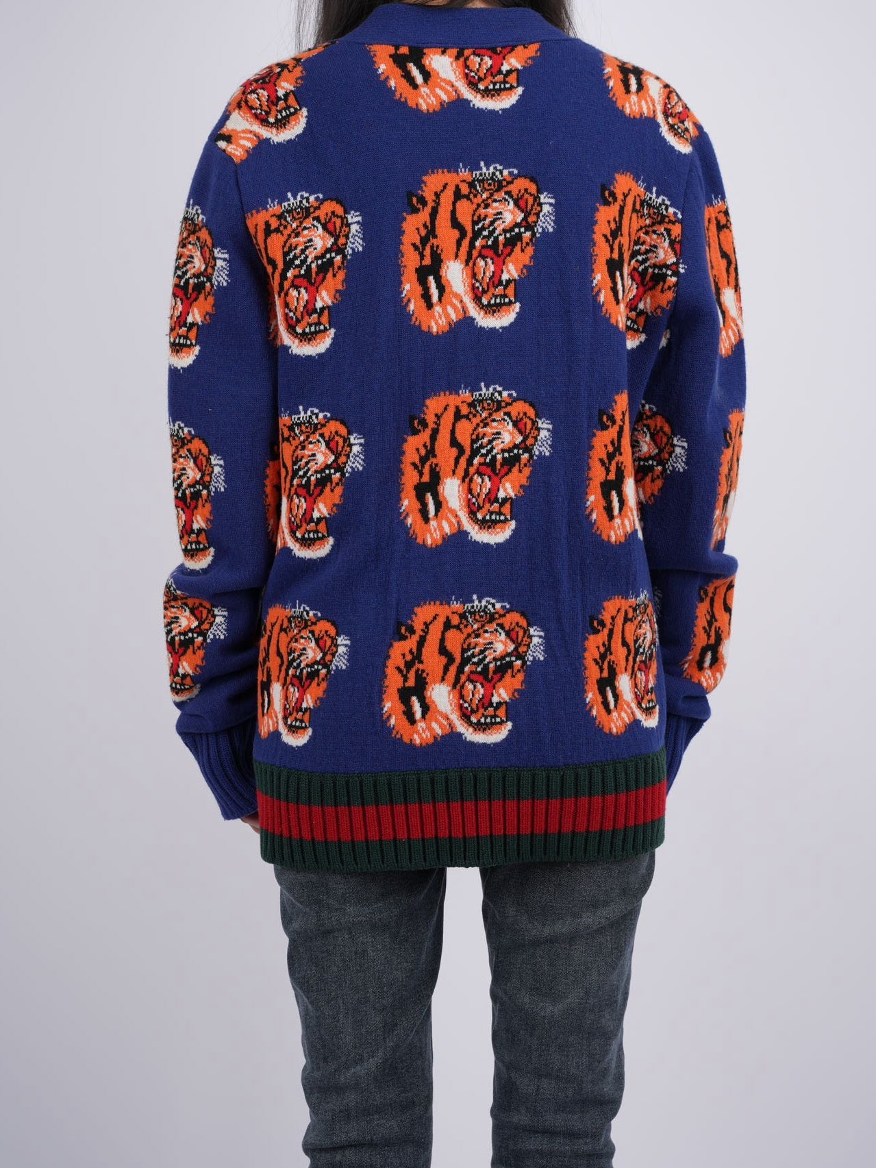 Gucci Tiger Jacquard Wool Cardigan Dark Blue