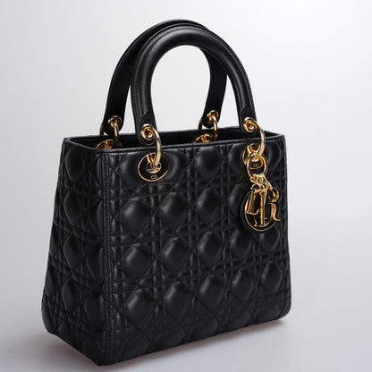 Christian Dior Black Medium Lady Dior Bag in Cannage Lambskin Leather with Gold Hardware