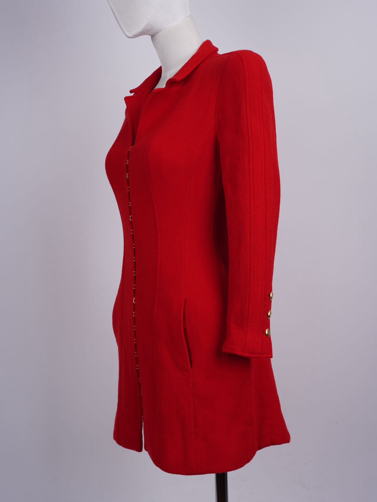 Chanel Vintage Red Jacket  Dress with Gold CC Logo Button Details FR 38