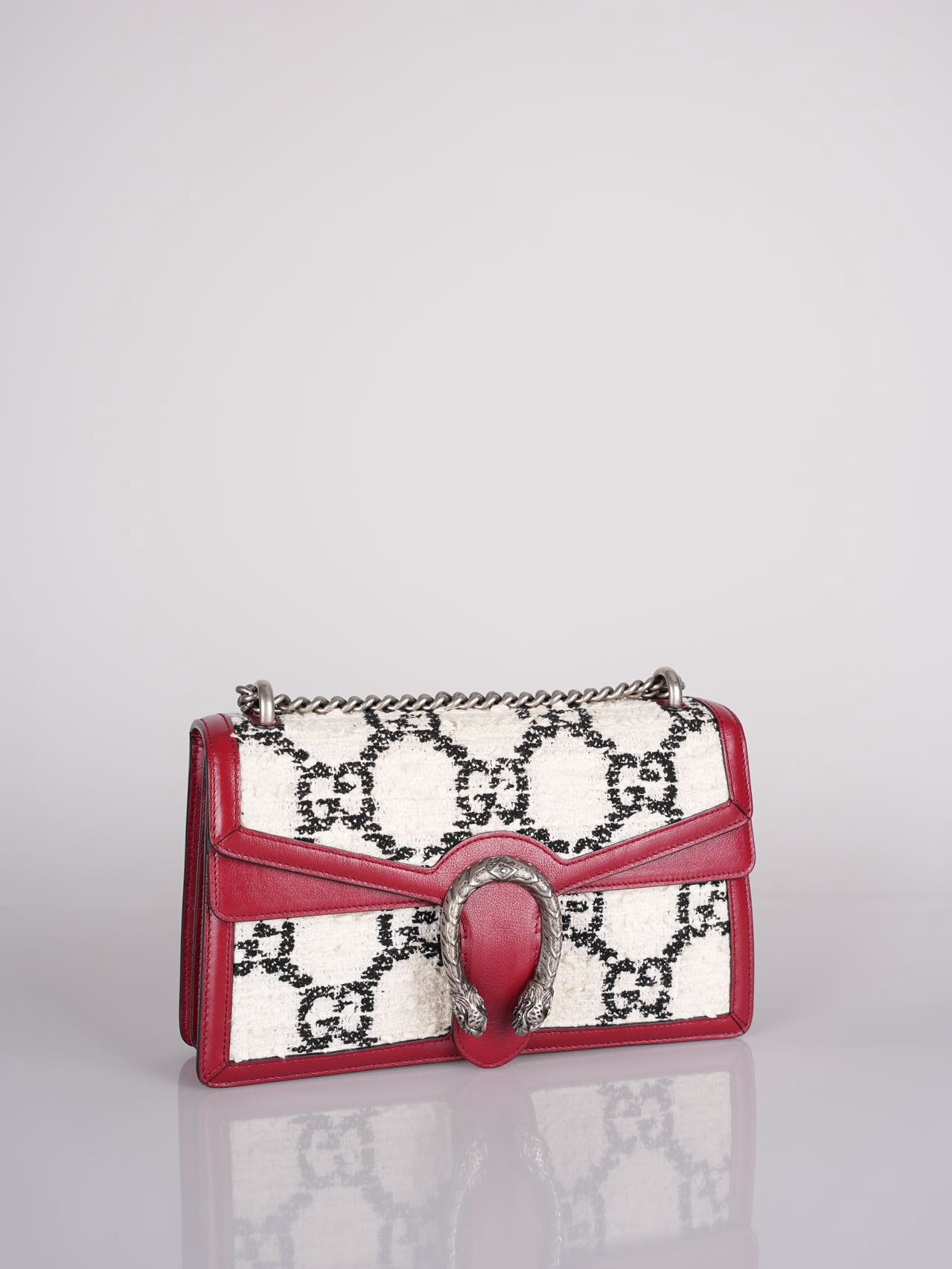 Gucci Tweed Monogram Small Dionysus Shoulder Bag in White/Black/Romantic Cherry