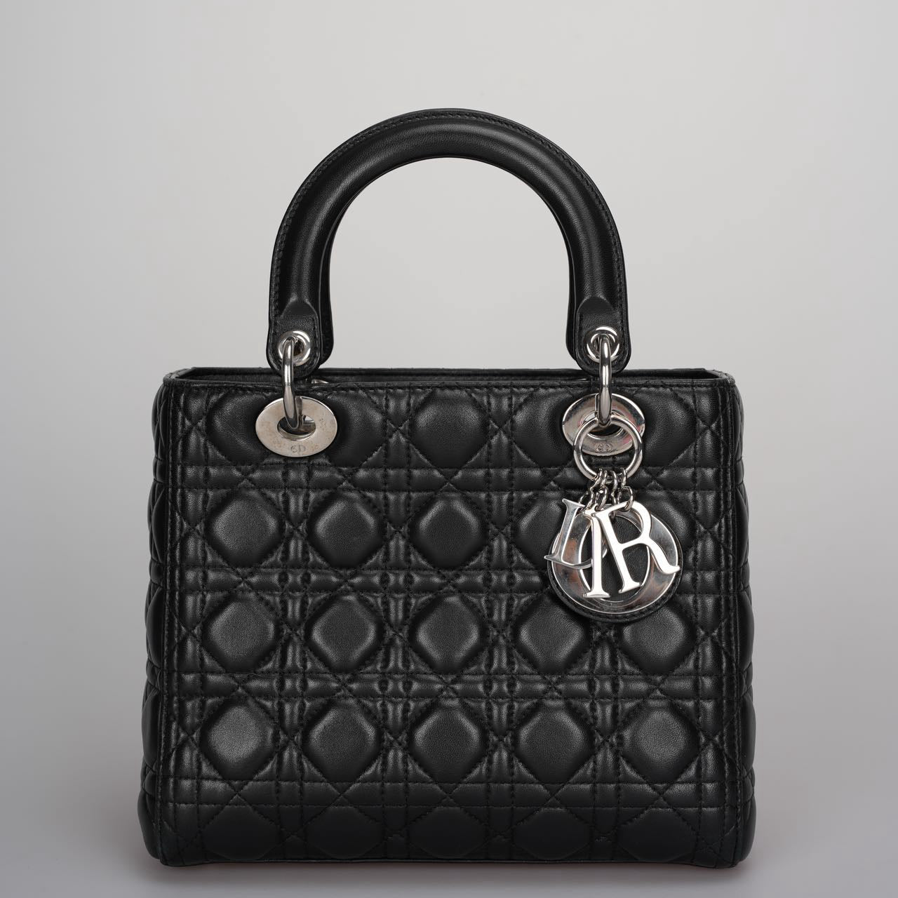 Christian Dior Black Medium Lady Dior Bag in Cannage Lambskin Leather with Silver Hardware